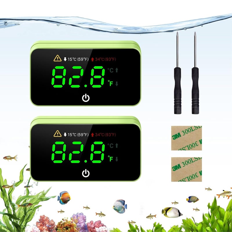 Moonorange Digital Aquarium Thermometer, Stick-on Fish Tank Thermometer with LED Display, Wireless Aquarium Temperature Measurement with Battery-Change Tool and Extra Sticker.(Green*2) - Image 1